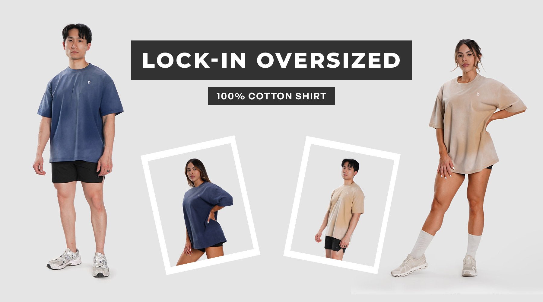 Man and woman wearing acid-wash oversized gym shirts while lifting free weights in a weight room