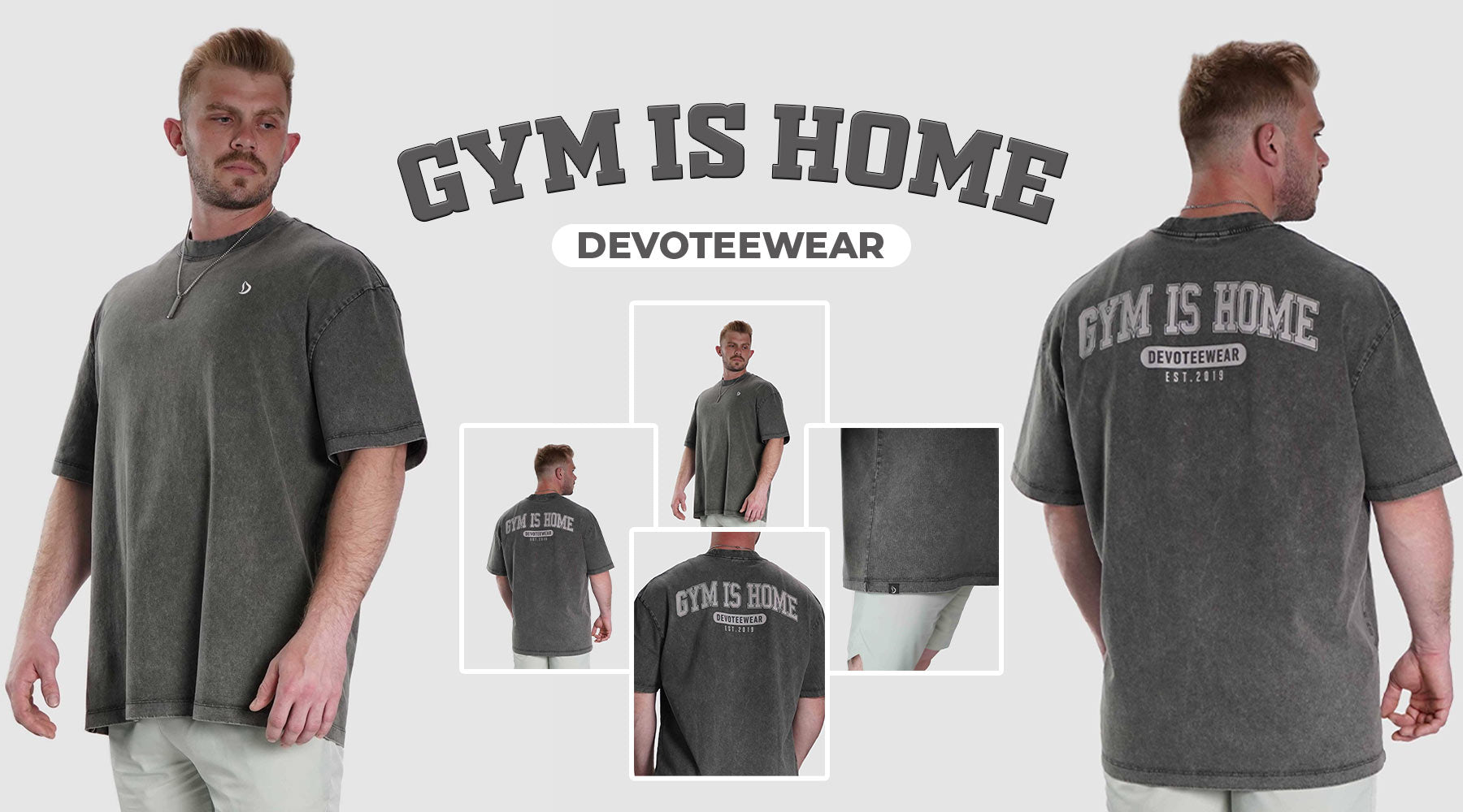 Male fitness model wearing the Gym is Home Oversized Shirt – Limited Edition by Devoteewear, showcasing relaxed fit and premium cotton fabric designed for serious lifters.