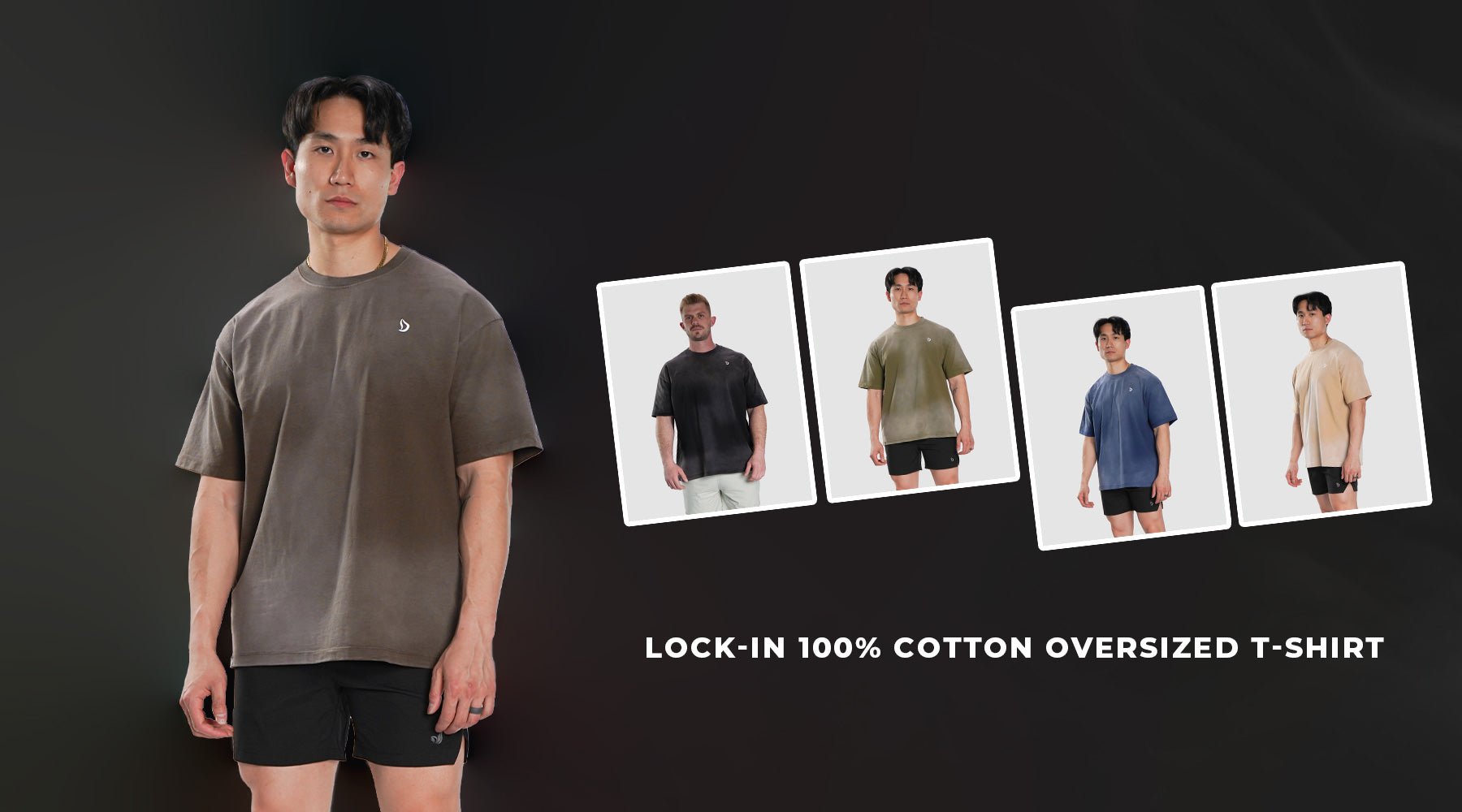 Four Lock-In oversized shirts in Military Green, Coffee Brown, Royal Blue, and Black displayed on gym rack