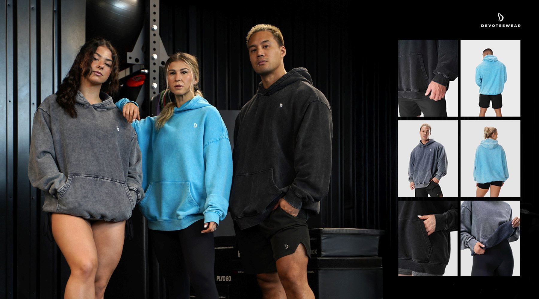Athletes wearing Power Play oversized hoodies during a gym workout on a dark backdrop