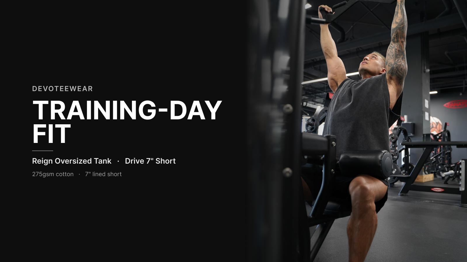 Lifter in the Devoteewear Reign oversized tank and Drive 7-inch short mid lat pulldown