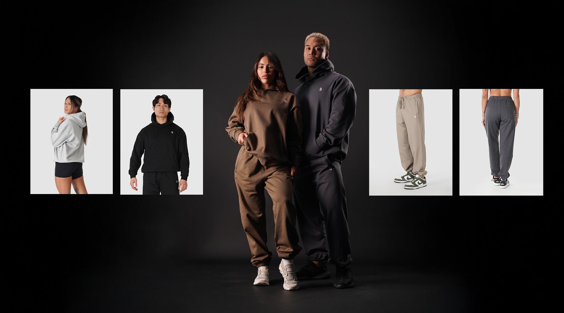 Athletes wearing 445 GSM oversized hoodies and matching sweatpants on a black backdrop