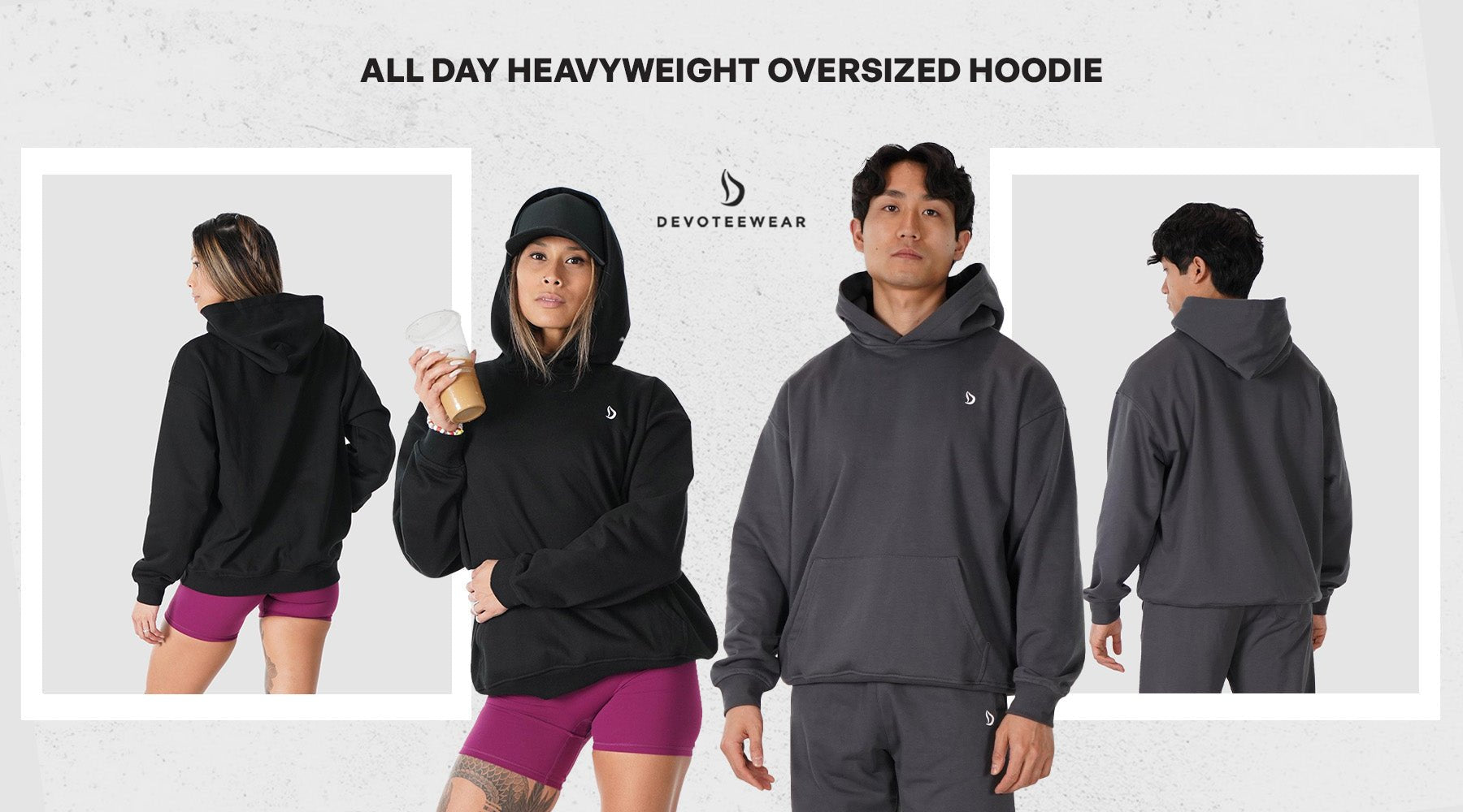 Devoteewear All Day Heavyweight Oversized Hoodie in black, worn by male and female athletes while weightlifting in the gym