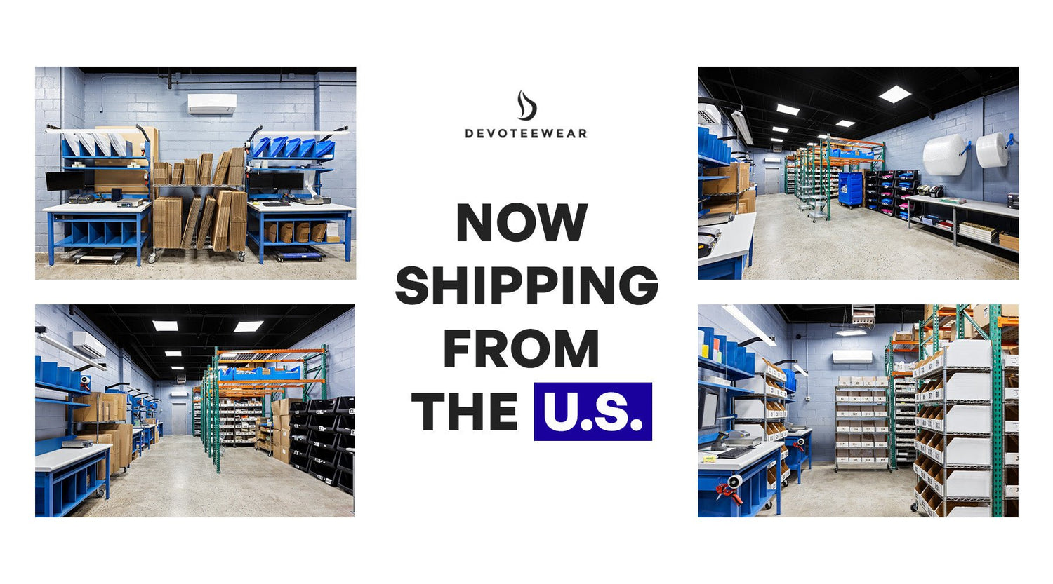 Devoteewear shipping boxes stacked on racks inside a U.S. fulfillment center warehouse