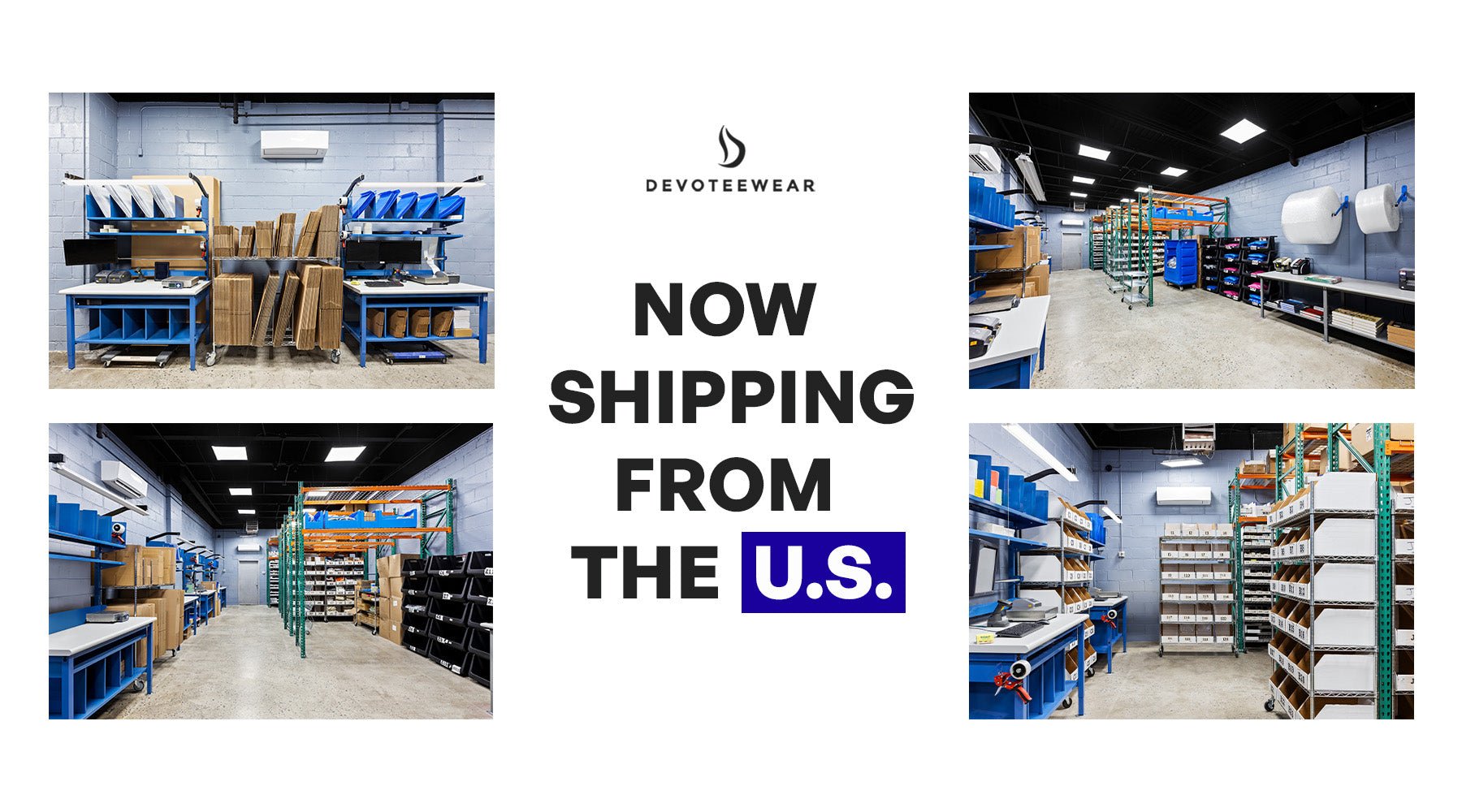 Devoteewear shipping boxes stacked on racks inside a U.S. fulfillment center warehouse