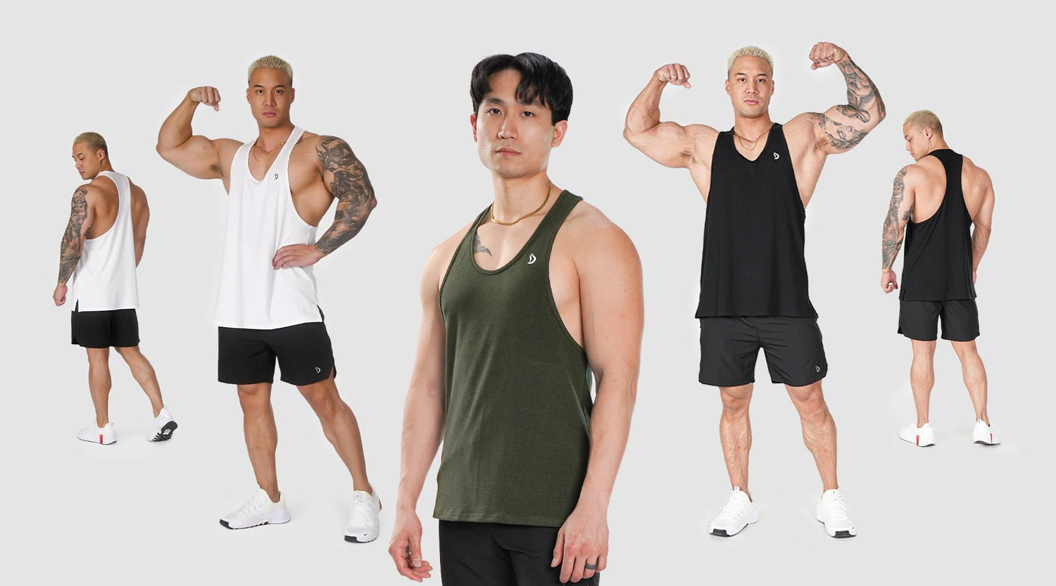 Male athlete wearing Devoteewear CoreFlex TENCEL™ Stringer in Heather Forest, lifting weights in gym